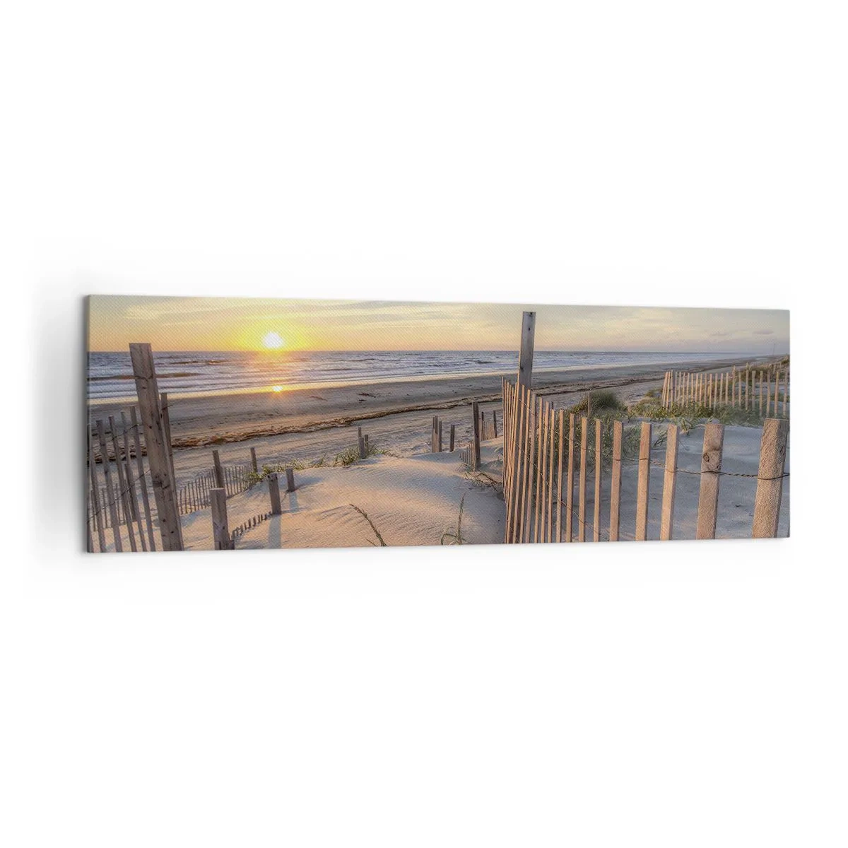 Impression sur toile - Image sur toile - Plage au coucher du soleil avec clôture en bois - 160x50cm - Ombre et brillance du vent - Décoration murale moderne pour le salon et la chambre ARTTOR