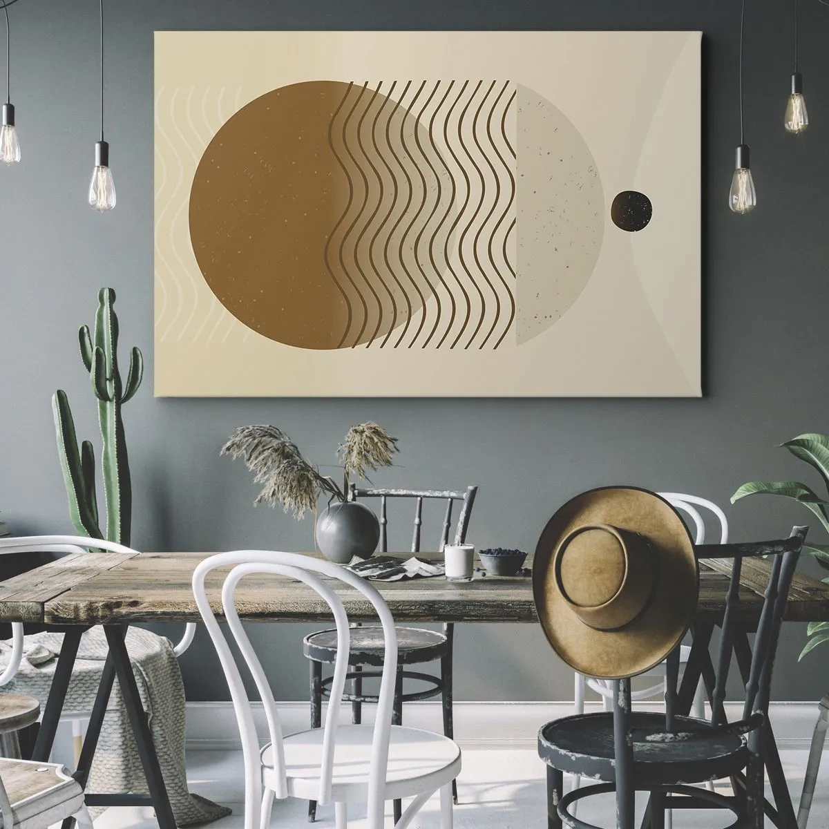 Impression sur toile - Image sur toile - Abstraction géométrique avec des cercles et des lignes ondulées aux couleurs chaudes. - 70x50cm - Sur l'origine des figures géométriques - Décoration murale moderne pour le salon et la chambre ARTTOR