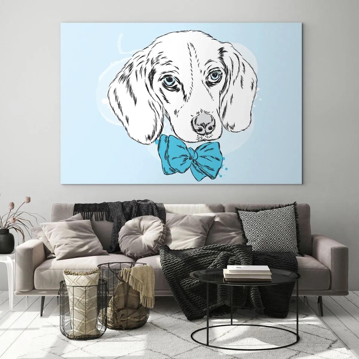 Impression sur verre - Image sur verre - Dessin d'un chien avec un nœud papillon sur fond bleu - 100x70cm - L'élégance du chien - Décoration murale moderne pour le salon et la chambre ARTTOR