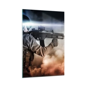 Impression sur verre - Image sur verre - Un soldat en action avec un fusil sur fond de nuages et de lumière. - 80x120cm - Tout simplement un héros - Décoration murale moderne pour le salon et la chambre ARTTOR