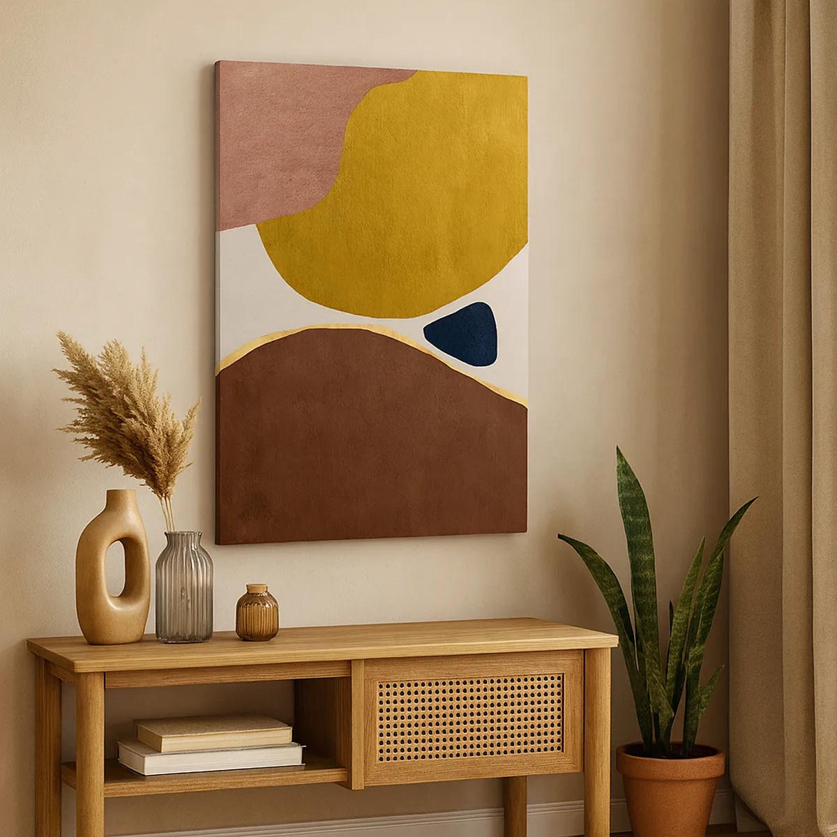 Impression sur toile - Image sur toile - Une composition abstraite avec des formes géométriques aux couleurs chaudes. - 50x70cm - L'abstraction – une place dans l'espace - Décoration murale moderne pour le salon et la chambre ARTTOR