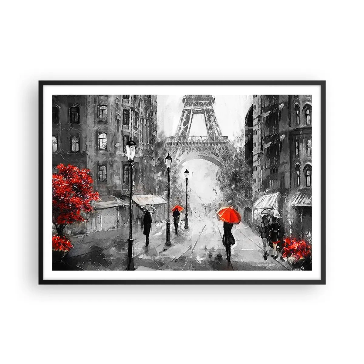 Affiche dans un cadre noir - Poster - Une rue avec vue sur la Tour Eiffel et des parapluies rouges - 100x70cm - Tous les chemins mènent à elle - Décoration murale moderne pour le salon et la chambre ARTTOR