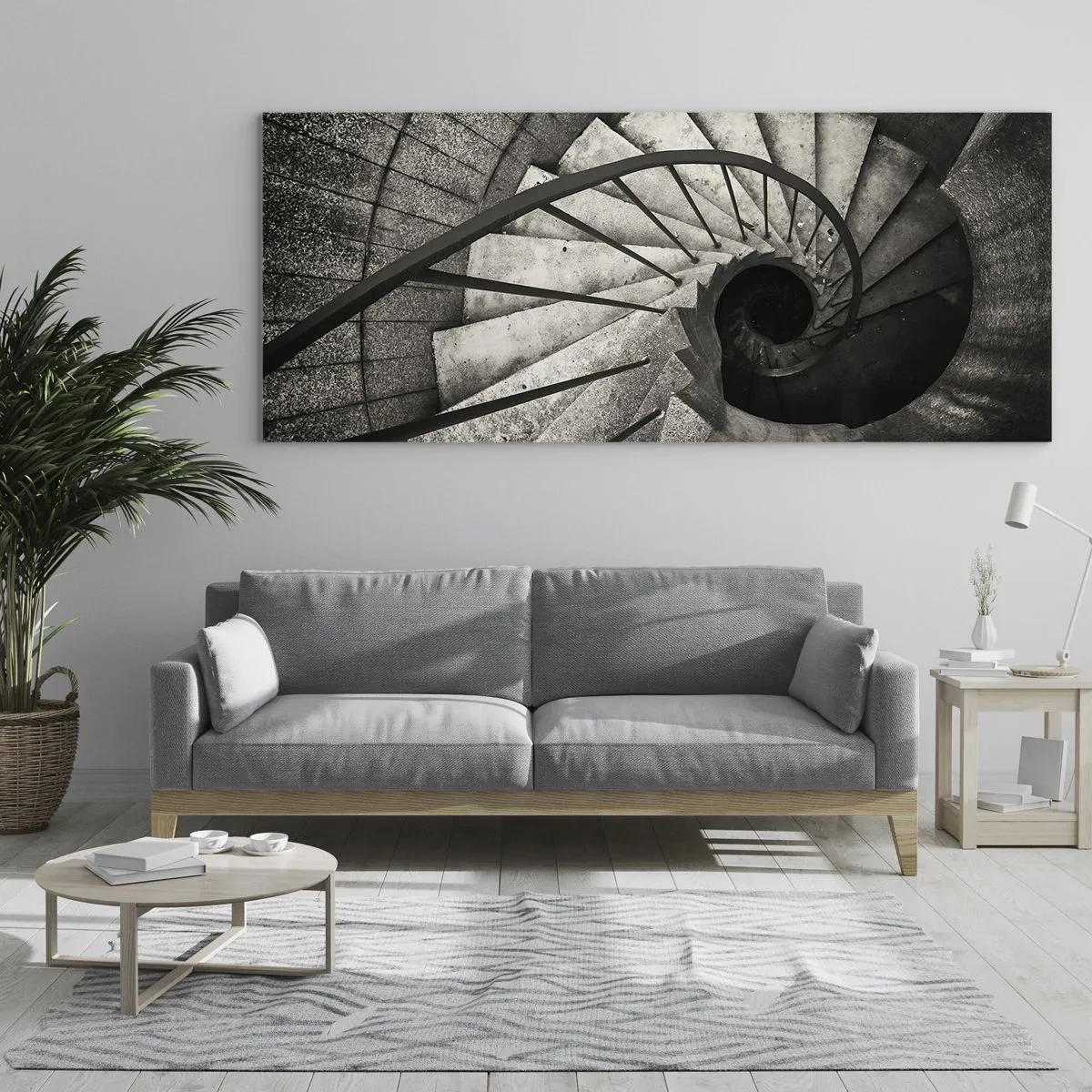 Impression sur verre - Image sur verre - Escalier en colimaçon noir et blanc de style moderne - 160x50cm - En haut des escaliers, en bas des escaliers - Décoration murale moderne pour le salon et la chambre ARTTOR