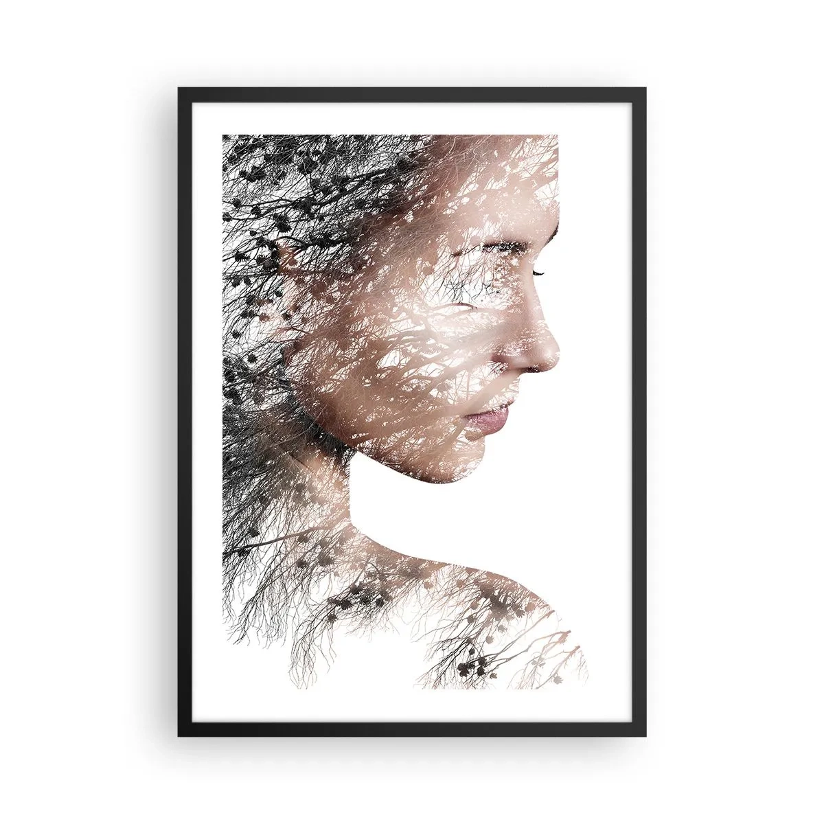 Affiche dans un cadre noir - Poster - Portrait en double exposition d'une femme avec un motif de nature - 50x70cm - L'âme de la forêt - Décoration murale moderne pour le salon et la chambre ARTTOR