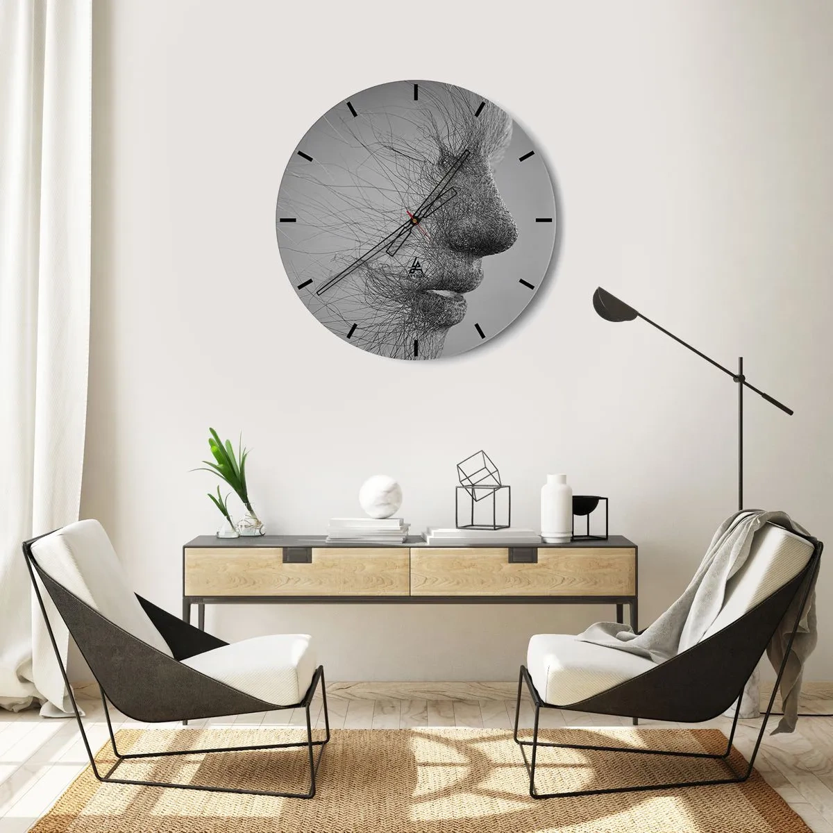 Horloge murale - Pendule murale - Visage abstrait avec des lignes fines sur fond gris - 30x30cm - L'esprit du vent - Décoration murale moderne pour le salon, la cuisine et la chambre ARTTOR