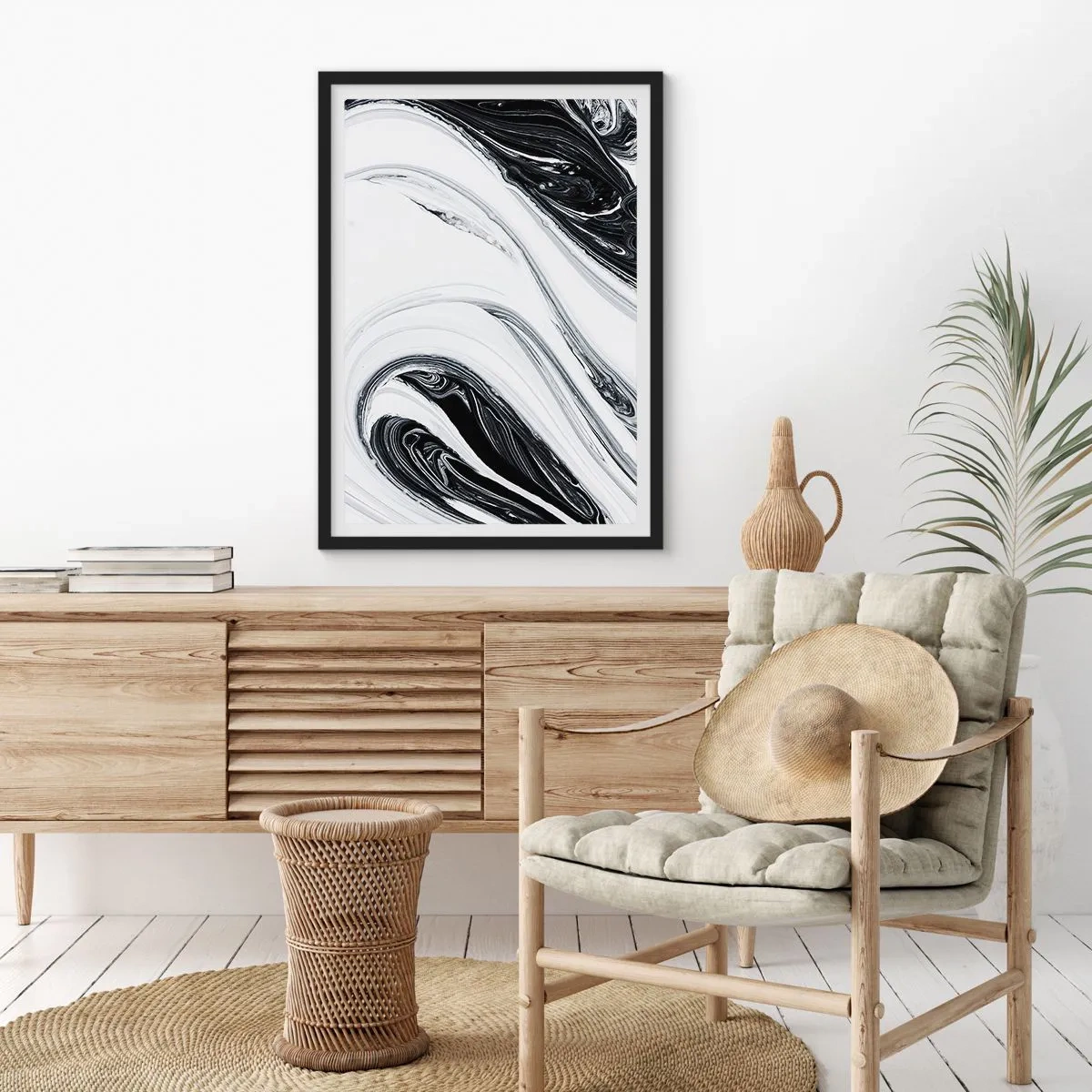 Affiche dans un cadre noir - Poster - Motif abstrait en noir et blanc avec des lignes fluides - 50x70cm - Une combinaison d'opposés - Décoration murale moderne pour le salon et la chambre ARTTOR