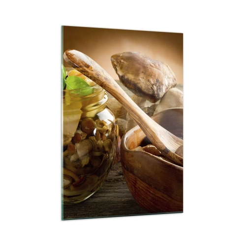 Impression sur verre - Image sur verre - Champignons marinés dans un bocal avec un bol en bois et des champignons sur la table en arrière-plan - 50x70cm - Que ce soit frais ou salé, ou en automne... - Décoration murale moderne pour le salon et la chambre 