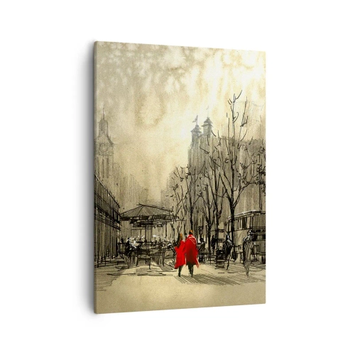 Impression sur toile - Image sur toile - Une figure rouge dans un décor urbain nostalgique - 50x70cm - Rendez-vous dans le brouillard de Londres - Décoration murale moderne pour le salon et la chambre ARTTOR