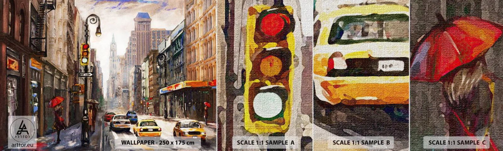 Échantillon de Papier Peint Premium Canvas - New-Zork - coloré même sous la pluie - New York, Ville, Manhattan - 100x30 cm