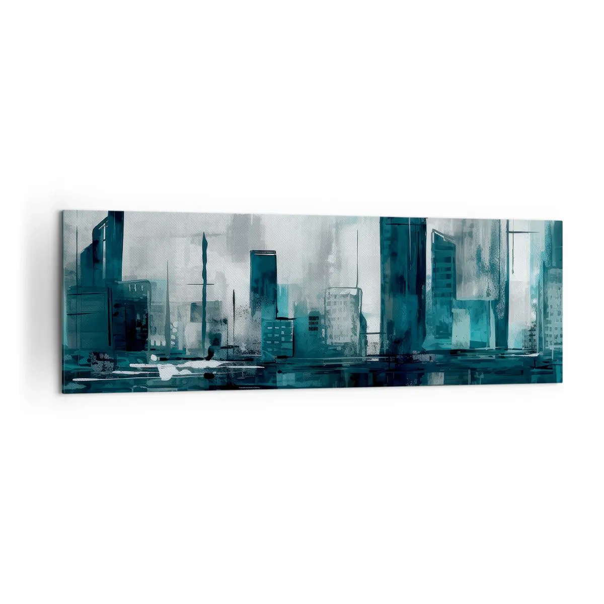 Impression sur toile - Image sur toile - Une ville moderne aux tons turquoise et gris - 160x50cm - Une ville couleur de pluie - Décoration murale moderne pour le salon et la chambre ARTTOR