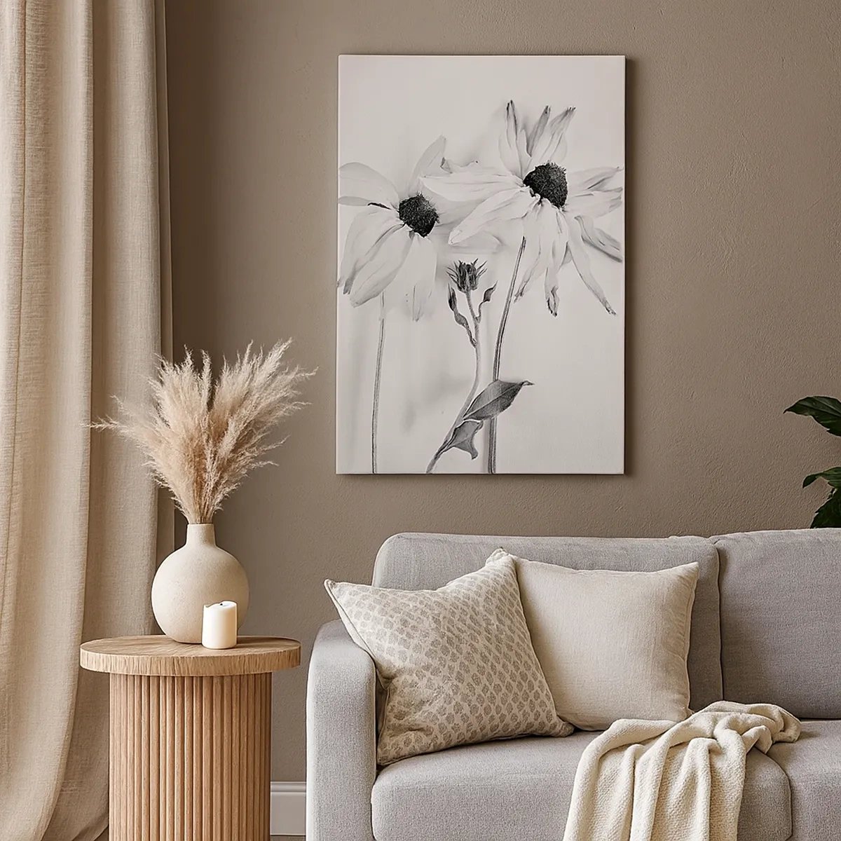 Impression sur toile - Image sur toile - Fleurs noires et blanches avec une composition subtile - 50x70cm - Personne ne souhaite être seul - Décoration murale moderne pour le salon et la chambre ARTTOR