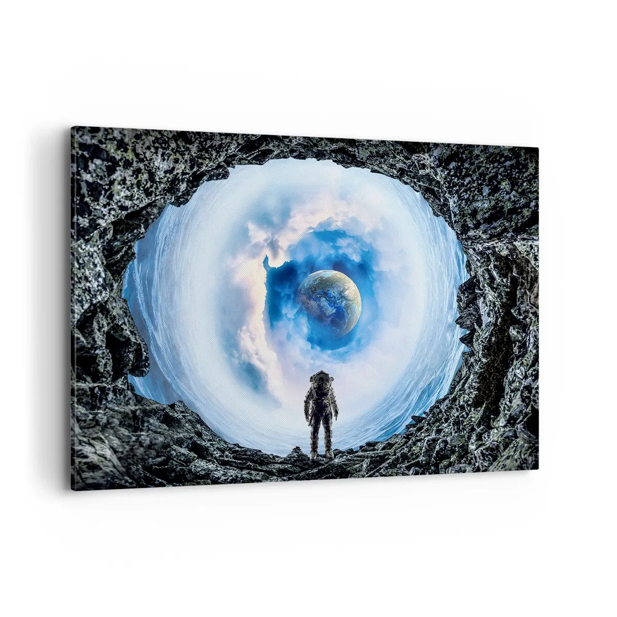 Impression sur toile - Image sur toile - Astronaute devant un paysage spatial avec la Terre en arrière-plan - 100x70cm - Plus très loin de la maison - Décoration murale moderne pour le salon et la chambre ARTTOR