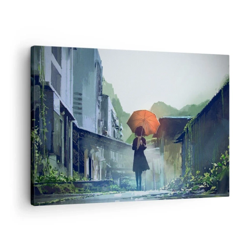 Impression sur toile - Image sur toile - Une silhouette avec un parapluie dans une ville pluvieuse - 70x50cm - Pluie vivifiante - Décoration murale moderne pour le salon et la chambre ARTTOR