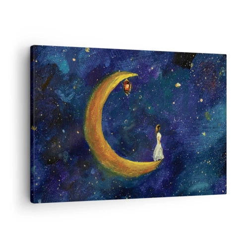 Impression sur toile - Image sur toile - Une fille debout sur la lune dans un ciel étoilé - 70x50cm - Appel du monde - Décoration murale moderne pour le salon et la chambre ARTTOR