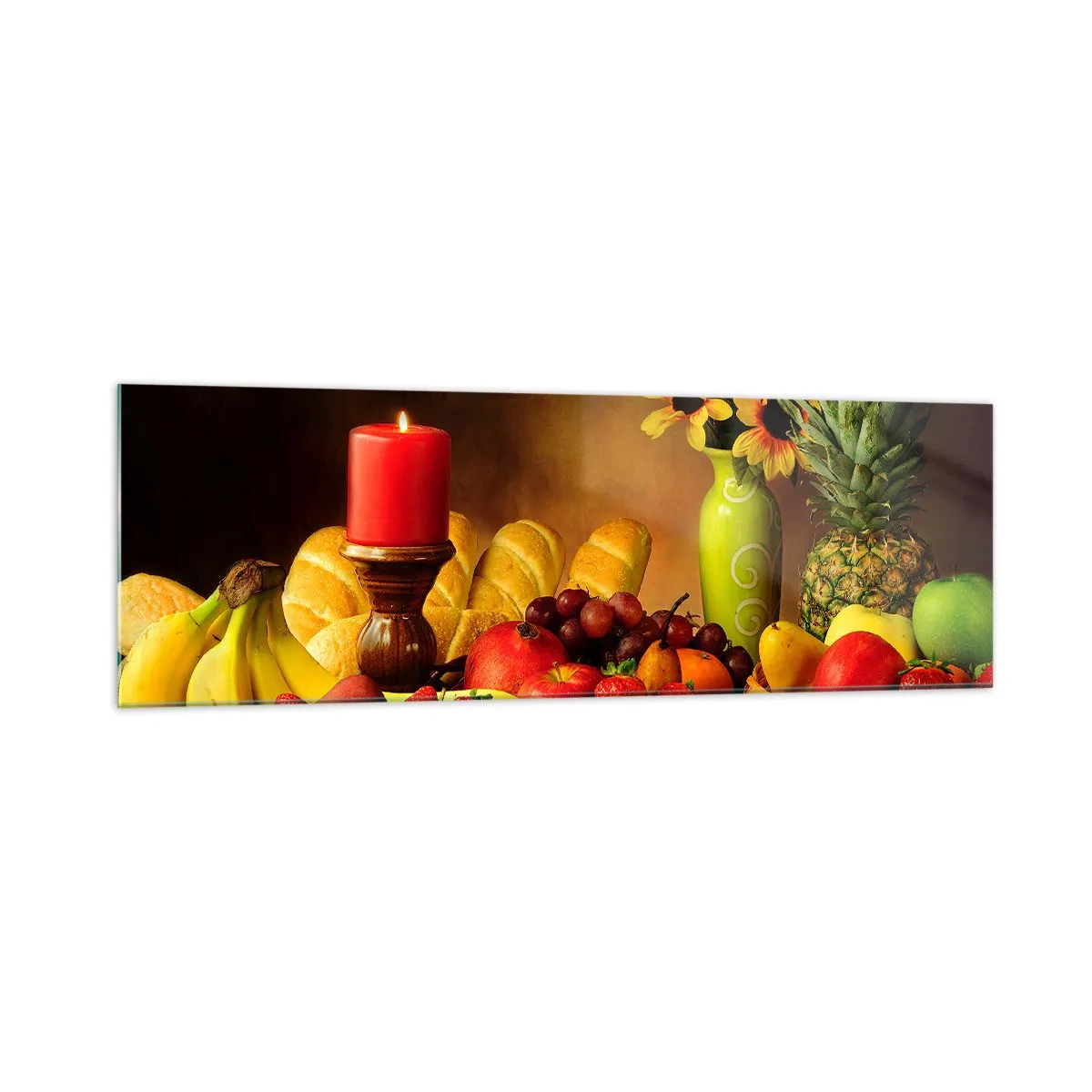 Impression sur verre - Image sur verre - Nature morte avec fruits, pain, bougie et fleurs - 160x50cm - Nature morte de pain et de fruits - Décoration murale moderne pour le salon et la chambre ARTTOR