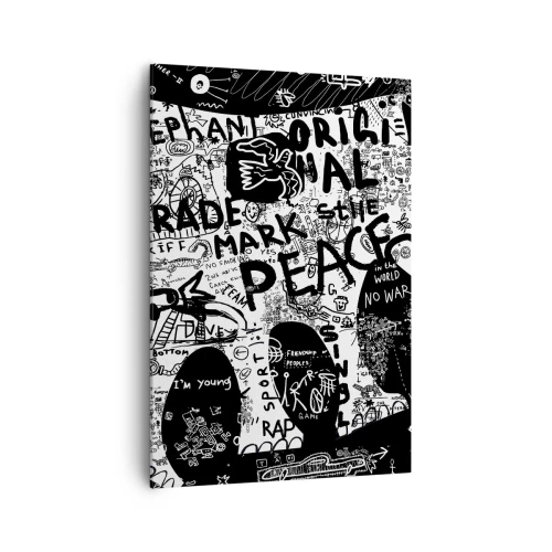 Impression sur toile - Image sur toile - Graphiques en noir et blanc avec des motifs graffitis - 70x100cm - La richesse des rues - Décoration murale moderne pour le salon et la chambre ARTTOR