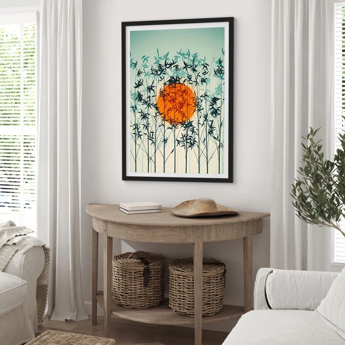 Affiche dans un cadre noir - Poster - Le soleil derrière les branches de bambou - 50x70cm - Soleil japonnais - Décoration murale moderne pour le salon et la chambre ARTTOR