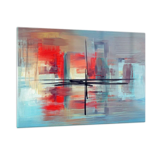 Impression sur verre - Image sur verre - Une abstraction colorée avec du rouge et du bleu, inspirée d'un paysage. - 120x80cm - Un paysage dans une dimension inconnue - Décoration murale moderne pour le salon et la chambre ARTTOR