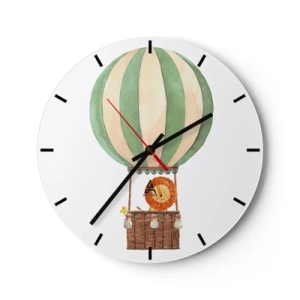 Horloge murale - Pendule murale - Un lion et un canard dans un ballon sur fond blanc - 30x30cm - Les voyages de Léon - Décoration murale moderne pour le salon, la cuisine et la chambre ARTTOR