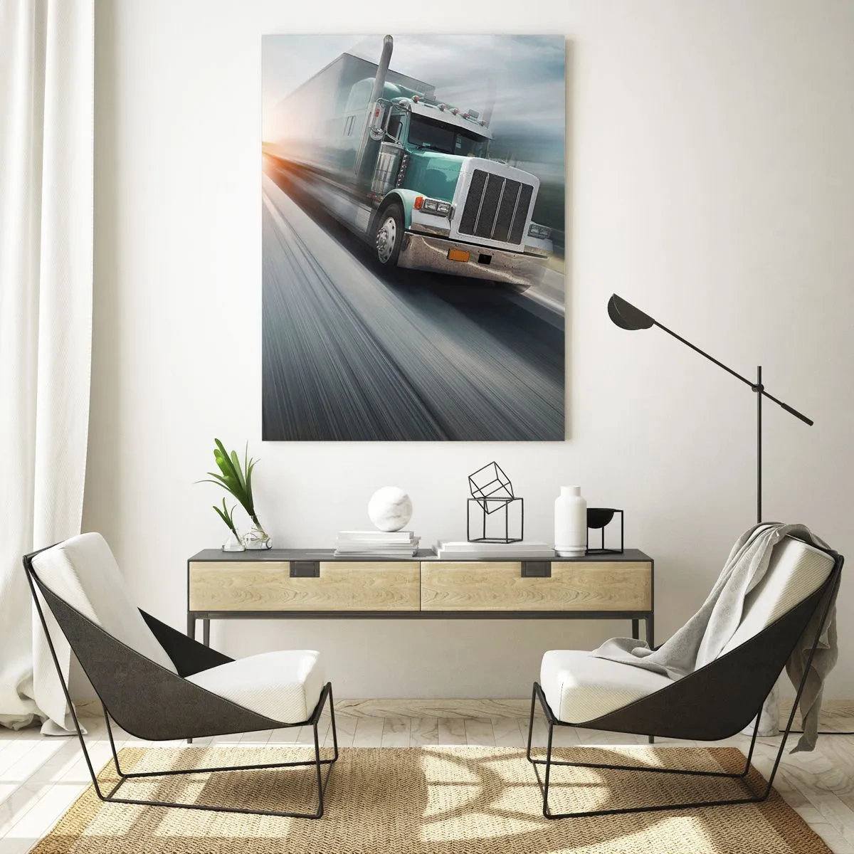 Impression sur verre - Image sur verre - Un camion sur l'autoroute en mouvement au coucher du soleil - 80x120cm - Le géant américain est en fuite - Décoration murale moderne pour le salon et la chambre ARTTOR