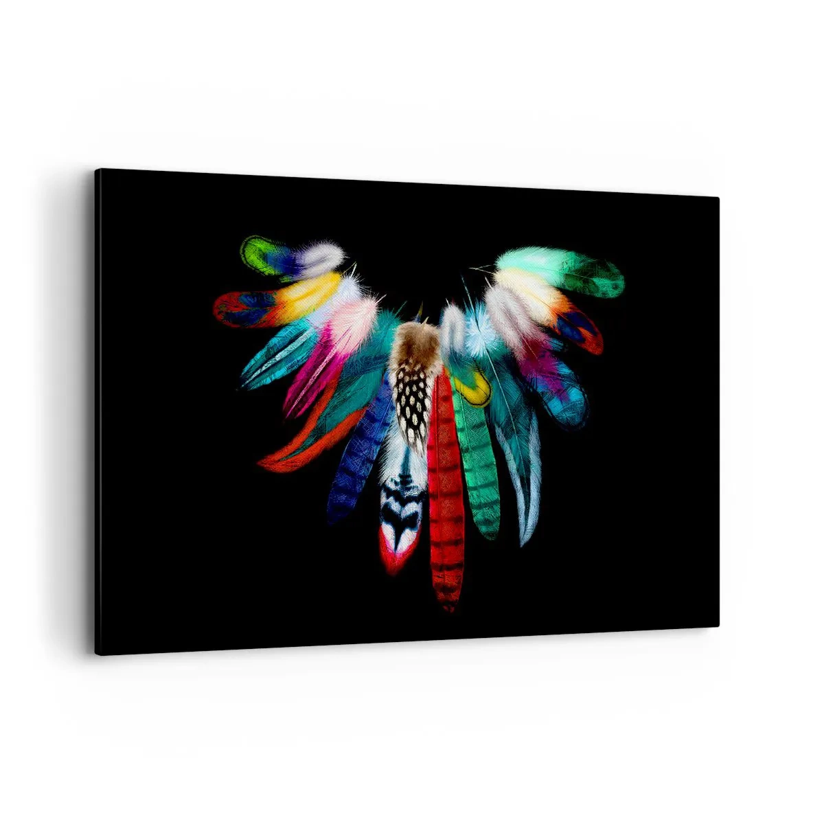 Impression sur toile - Image sur toile - Plumes colorées sur fond noir dans une composition artistique - 120x80cm - Collier indien - Décoration murale moderne pour le salon et la chambre ARTTOR