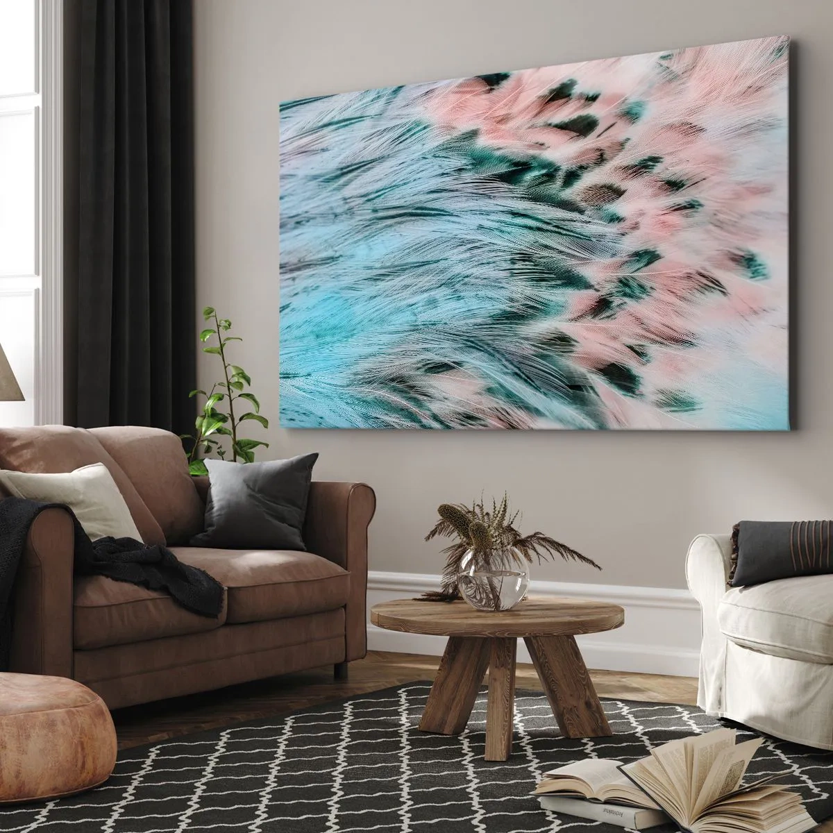 Impression sur toile - Image sur toile - Gros plan de plumes aux couleurs rose saphir pastel - 70x50cm - Duvet rose saphir - Décoration murale moderne pour le salon et la chambre ARTTOR