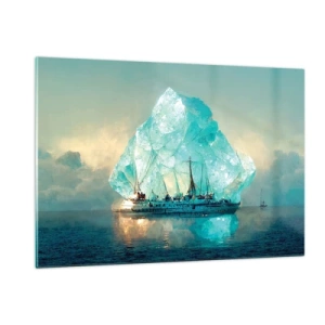 Impression sur verre - Image sur verre - Un voilier devant un immense glacier dans la lumière arctique. - 120x80cm - Diamant arctique - Décoration murale moderne pour le salon et la chambre ARTTOR