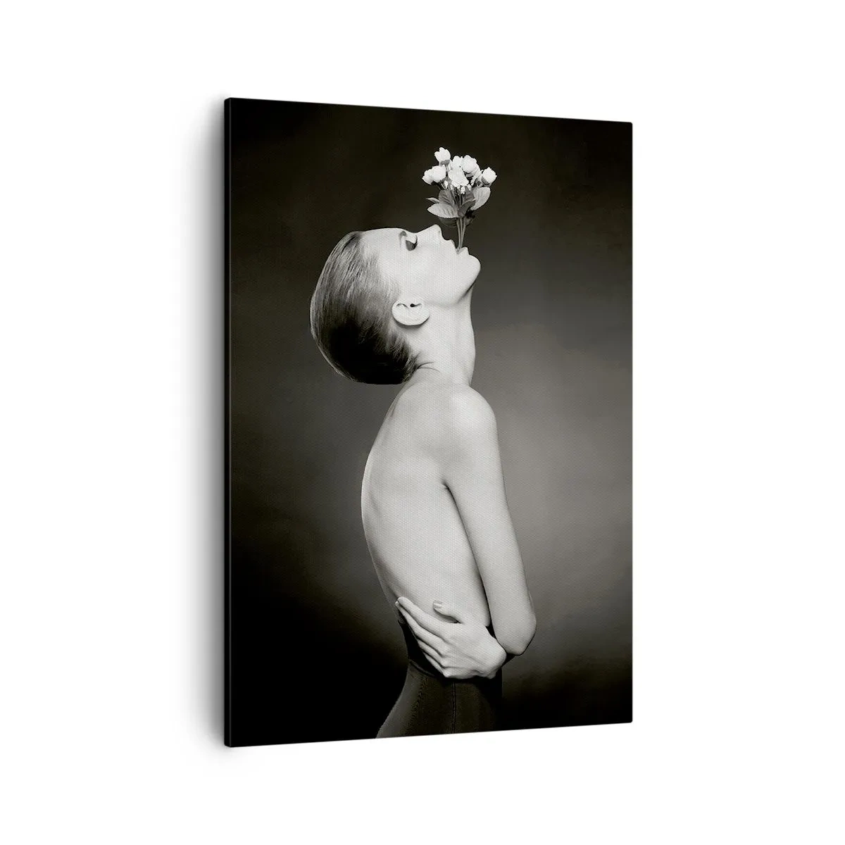 Impression sur toile - Image sur toile - Silhouette noire et blanche d'une femme avec une fleur - 50x70cm - Elégance excentrique - Décoration murale moderne pour le salon et la chambre ARTTOR