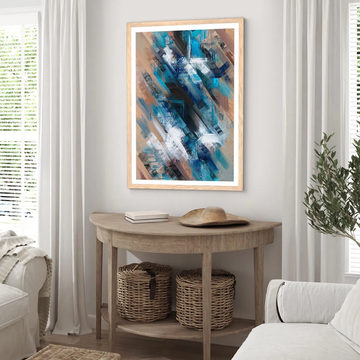 Affiche dans un chêne clair - Poster - Diagonale de bleus - 30x40 cm