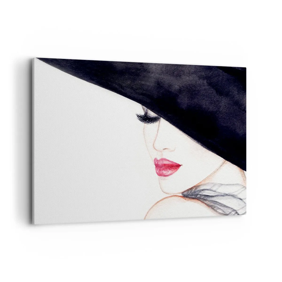 Impression sur toile - Image sur toile - Une illustration subtile d'une femme portant un chapeau noir et des lèvres rouges - 100x70cm - Élégance et sensualité - Décoration murale moderne pour le salon et la chambre ARTTOR
