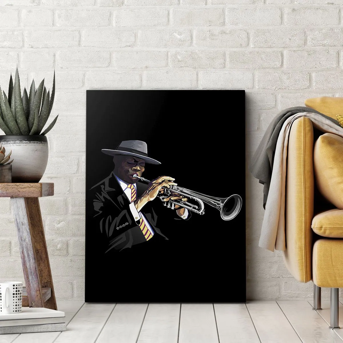 Impression sur toile - Image sur toile - Un musicien jouant de la trompette sur un fond noir - 80x120cm - Le charme de la vieille école - Décoration murale moderne pour le salon et la chambre ARTTOR