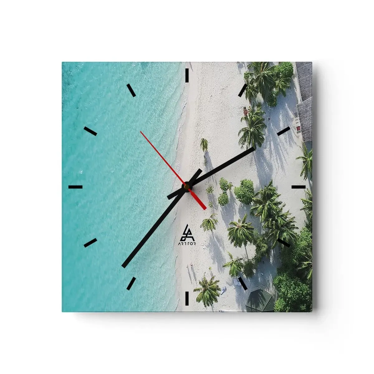 Horloge murale - Pendule murale - Vue plongeante sur une plage tropicale avec de l'eau turquoise et des palmiers - 30x30cm - Vacances au paradis - Décoration murale moderne pour le salon et la chambre ARTTOR