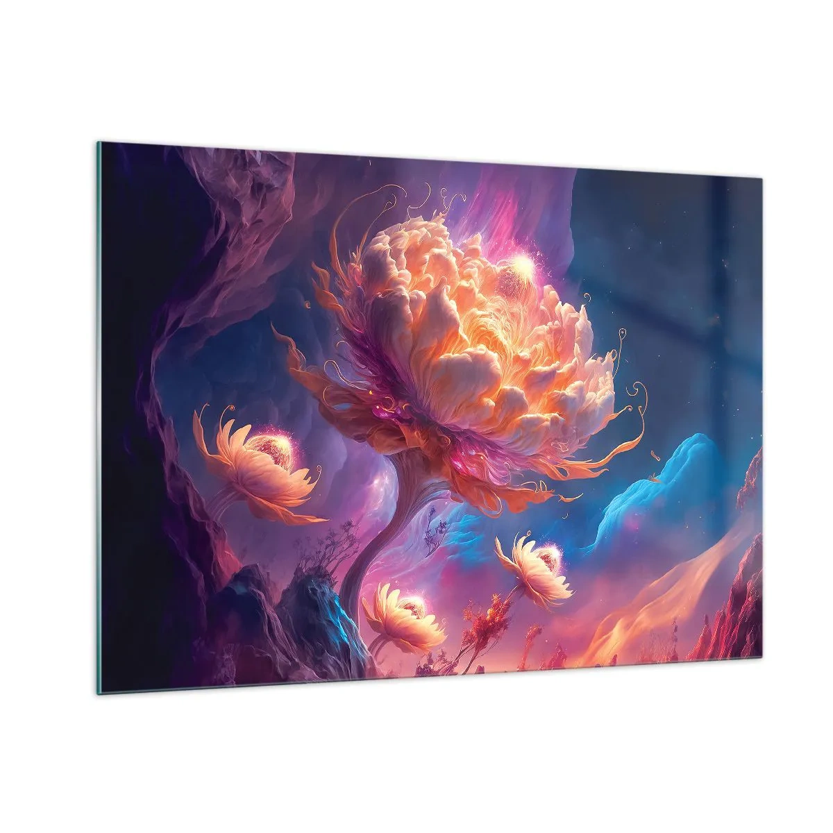 Impression sur verre - Image sur verre - Une fleur fantastique flottant dans un décor cosmique - 100x70cm - Un autre monde - Décoration murale moderne pour le salon et la chambre ARTTOR