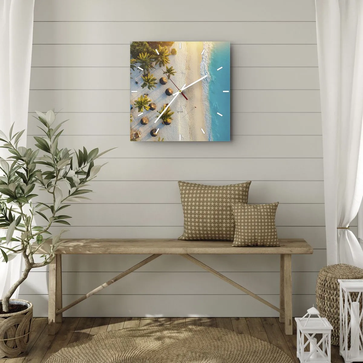 Horloge murale - Pendule murale - Vue d'une plage tropicale avec des palmiers et une mer turquoise - 30x30cm - Bienvenue au paradis - Décoration murale moderne pour le salon et la chambre ARTTOR