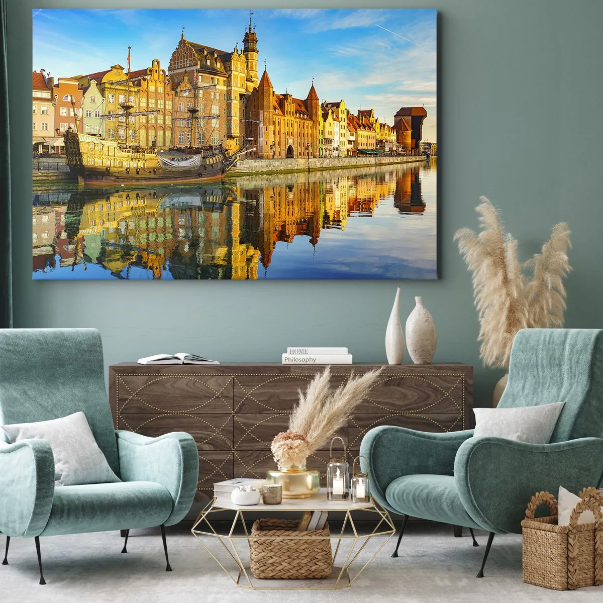 Impression sur toile - Image sur toile - Une vue pittoresque de la vieille ville avec un voilier et de l'eau - 70x50cm - Reflet dans le miroir du passé - Décoration murale moderne pour le salon et la chambre ARTTOR
