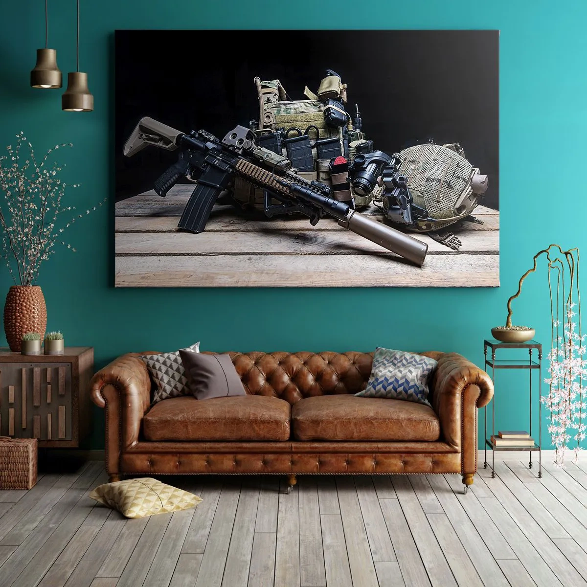 Impression sur toile - Image sur toile - Équipement tactique avec un fusil sur une table en bois - 120x80cm - Se reposer! - Décoration murale moderne pour le salon et la chambre ARTTOR
