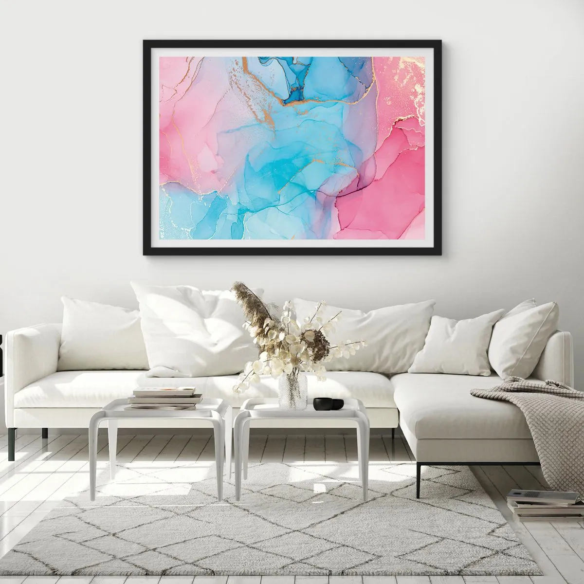 Affiche dans un cadre noir - Poster - Motifs pastel abstraits avec des accents dorés - 100x70cm - Rencontre et mélange - Décoration murale moderne pour le salon et la chambre ARTTOR