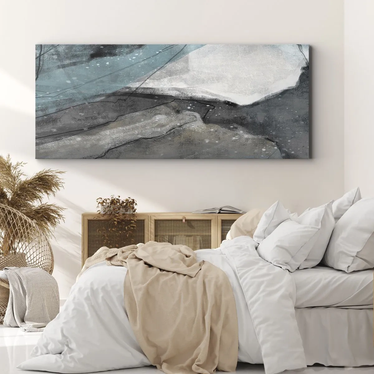 Impression sur toile - Image sur toile - Composition abstraite dans les tons de gris et de bleu - 140x50cm - Résumé : roches et glace - Décoration murale moderne pour le salon et la chambre ARTTOR