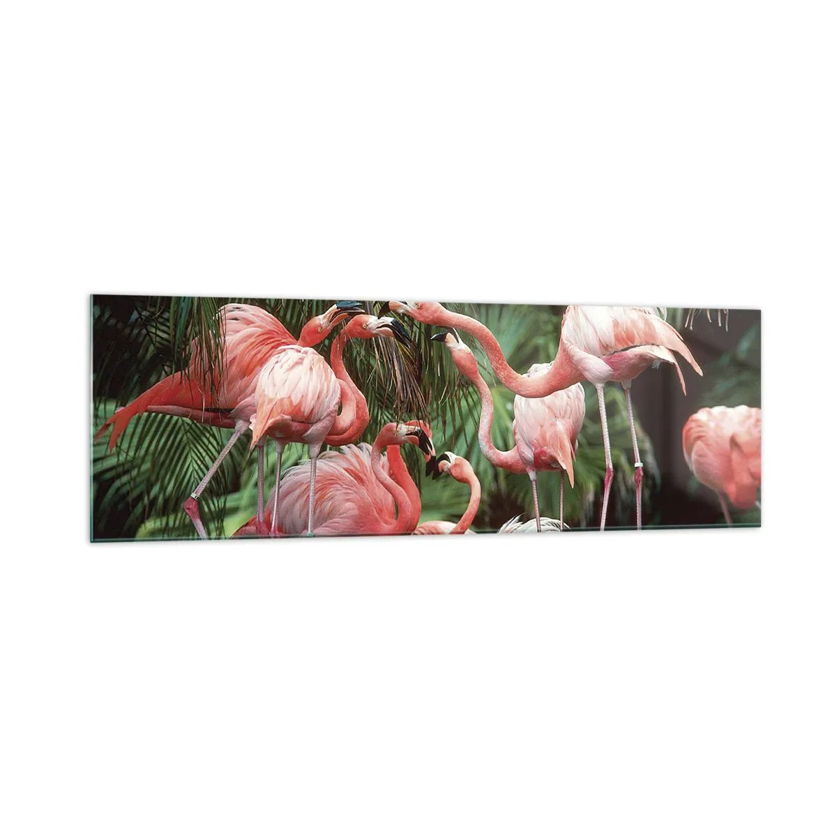 Impression sur verre - Image sur verre - Un groupe de flamants roses dans un cadre tropical entouré de palmiers - 160x50cm - Potins d'après-midi - Décoration murale moderne pour le salon et la chambre ARTTOR