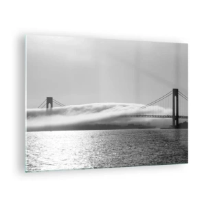 Impression sur verre - Image sur verre - Un pont en noir et blanc avec du brouillard sur l'eau - 70x50cm - Naviguez à travers les Portes des Étoiles - Décoration murale moderne pour le salon et la chambre ARTTOR