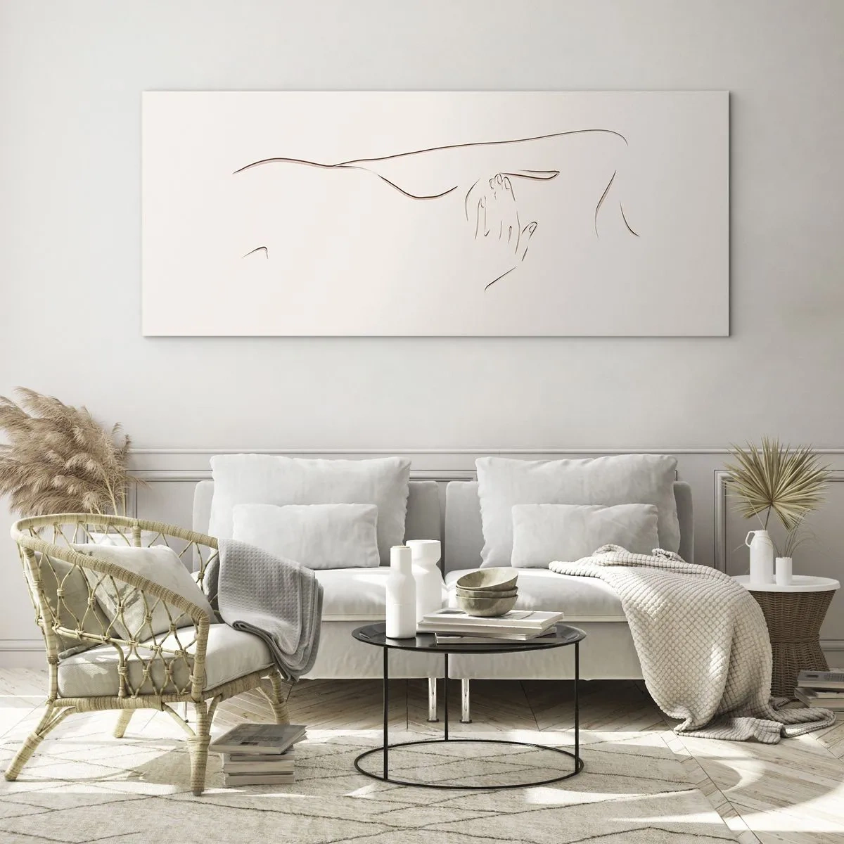 Impression sur verre - Image sur verre - Un dessin au trait subtil d'une silhouette sur un fond clair - 120x50cm - La forme du désir - Décoration murale moderne pour le salon et la chambre ARTTOR