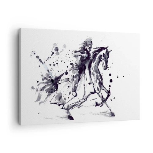 Impression sur toile - Image sur toile - Aquarelle noir et blanc d'un cavalier sur un cheval au galop - 70x50cm - Chevalier noir - Décoration murale moderne pour le salon et la chambre ARTTOR