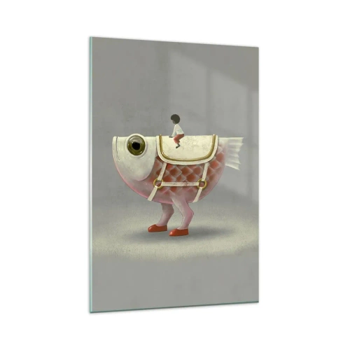 Impression sur verre - Image sur verre - Un cavalier de poisson fantaisie avec des jambes et une selle - 80x120cm - Le cavalier poisson - Décoration murale moderne pour le salon et la chambre ARTTOR