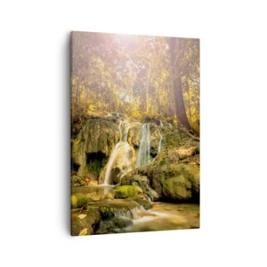 Impression sur toile - Image sur toile - Une cascade forestière sous les rayons du soleil, entourée de verdure - 50x70cm - Cascade de forêt en vert - Décoration murale moderne pour le salon et la chambre ARTTOR