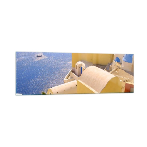 Impression sur verre - Image sur verre - Architecture grecque avec vue sur la mer et un bateau en arrière-plan - 160x50cm - Paysage grec en blanc et bleu ciel - Décoration murale moderne pour le salon et la chambre ARTTOR