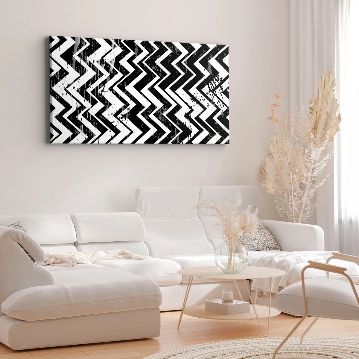 Impression sur toile - Image sur toile - Motif en zigzag noir et blanc avec abrasions artistiques - 140x50cm - Zig-blanc, zag-noir - Décoration murale moderne pour le salon et la chambre ARTTOR