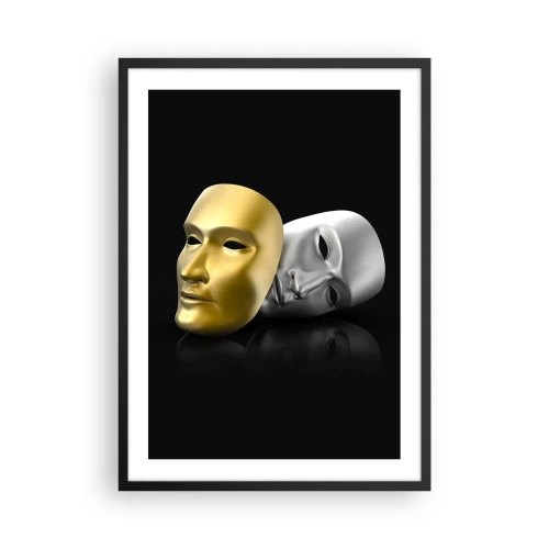 Affiche dans un cadre noir - Poster - Masque d'or et d'argent sur fond noir - 50x70cm - La vie est un théâtre - Décoration murale moderne pour le salon et la chambre ARTTOR