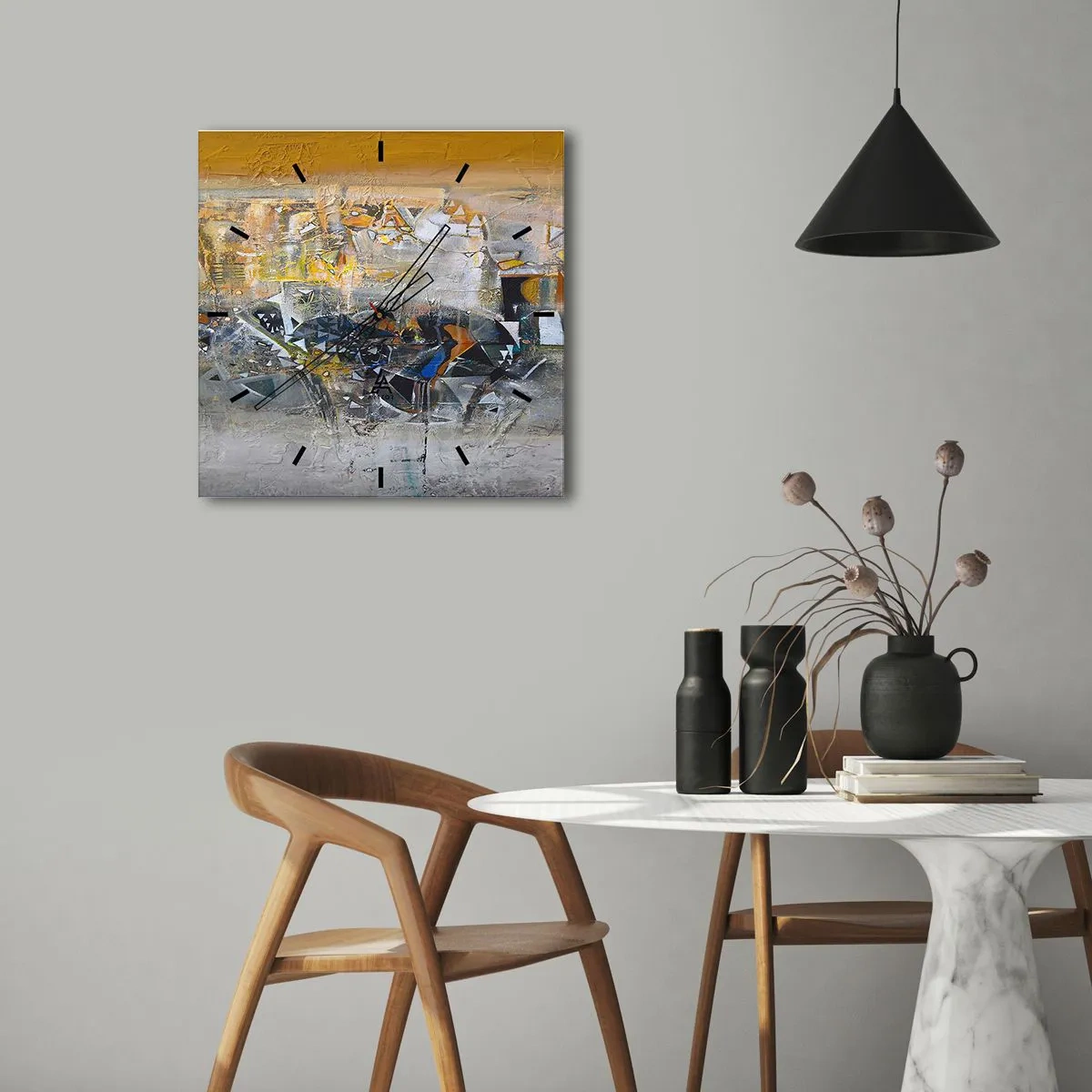 Horloge murale - Pendule murale - Abstraction avec des nuances dominantes de jaune et de gris - 30x30cm - Tout se met en place - Décoration murale moderne pour le salon et la chambre ARTTOR