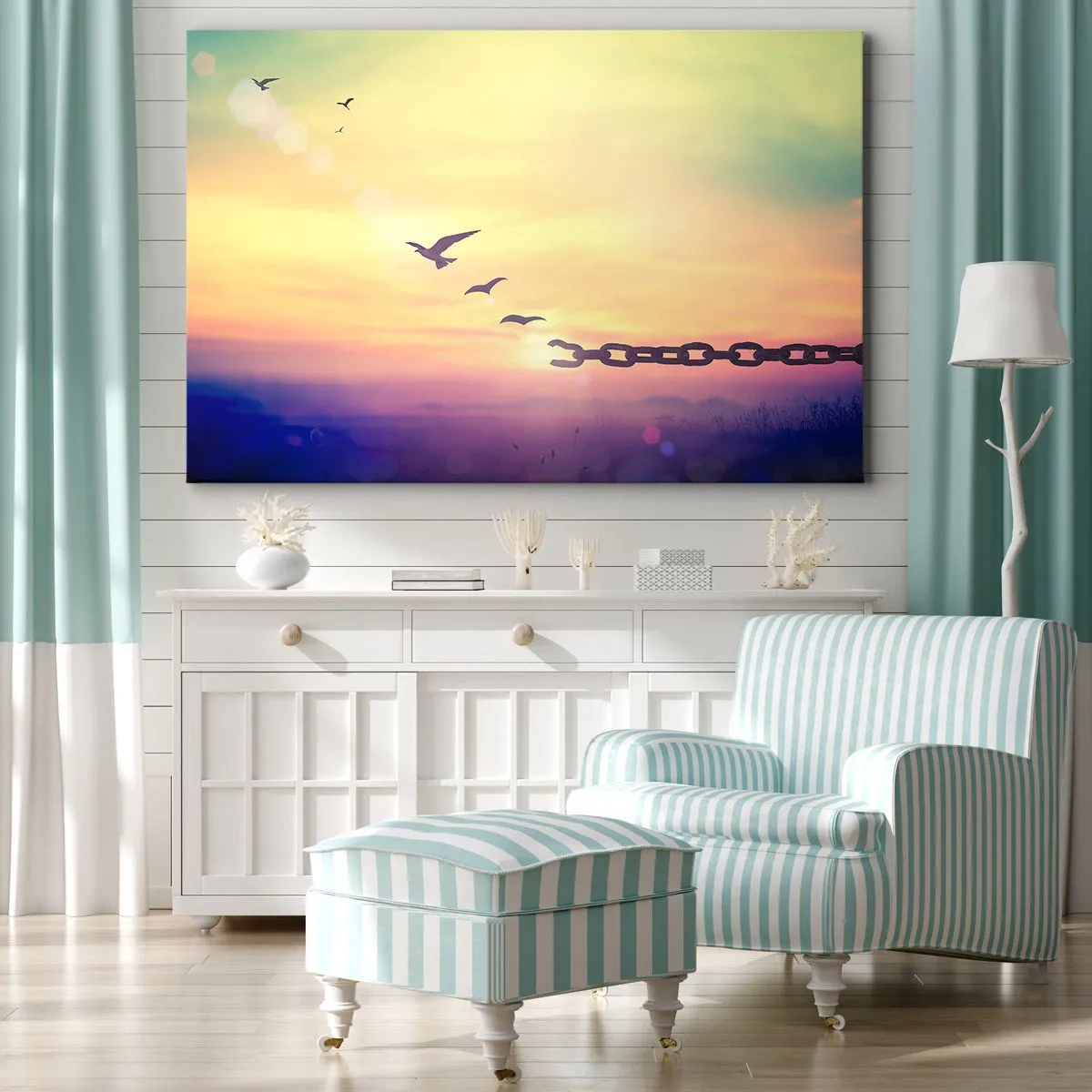 Impression sur toile - Image sur toile - Symbole de liberté avec des oiseaux et une chaîne brisée - 70x50cm - La victoire de la liberté - Décoration murale moderne pour le salon et la chambre ARTTOR