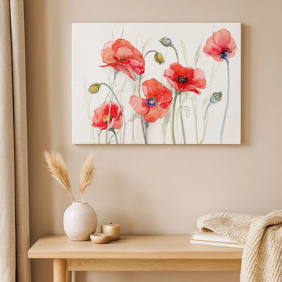 Impression sur toile - Image sur toile - Coquelicots à l'aquarelle sur un fond délicat - 70x50cm - Fleurs polonaises - Décoration murale moderne pour le salon et la chambre ARTTOR